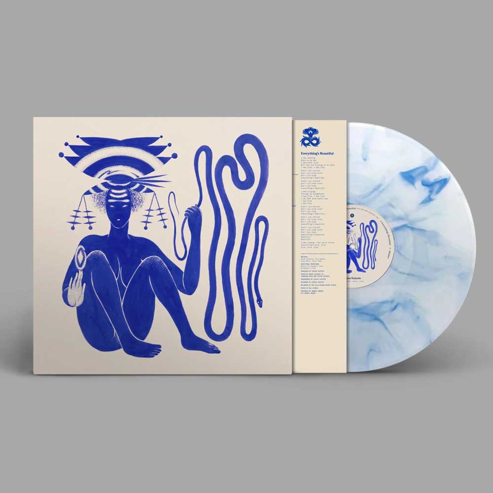 Hiatus Kaiyote - Love Heart Cheat Code (Vinyl LP Blue & White Marbled) Vinyl record with blue artwork on a gray background