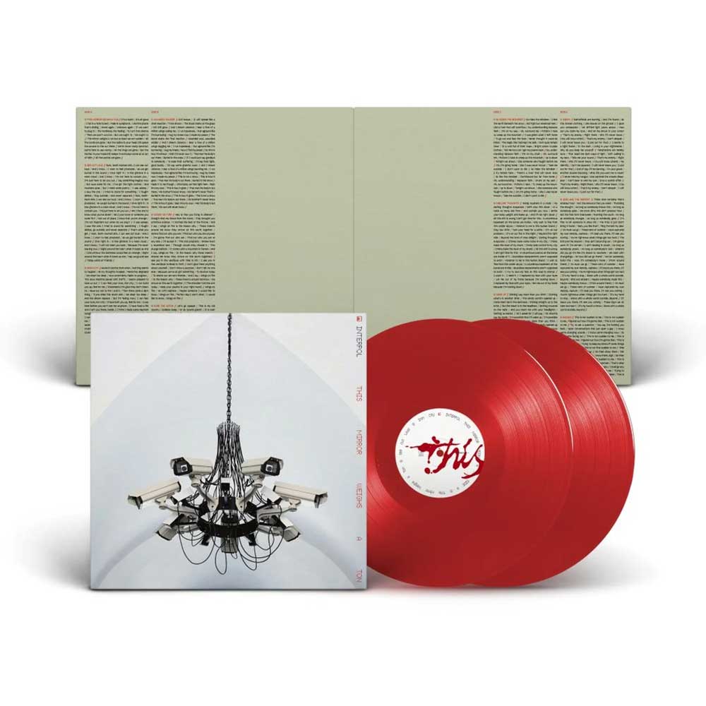Interpol - This Mirror Weighs a Ton (Vinyl 2LP Transparent Red) Red vinyl record with a cover featuring a chandelier illustration on a white background