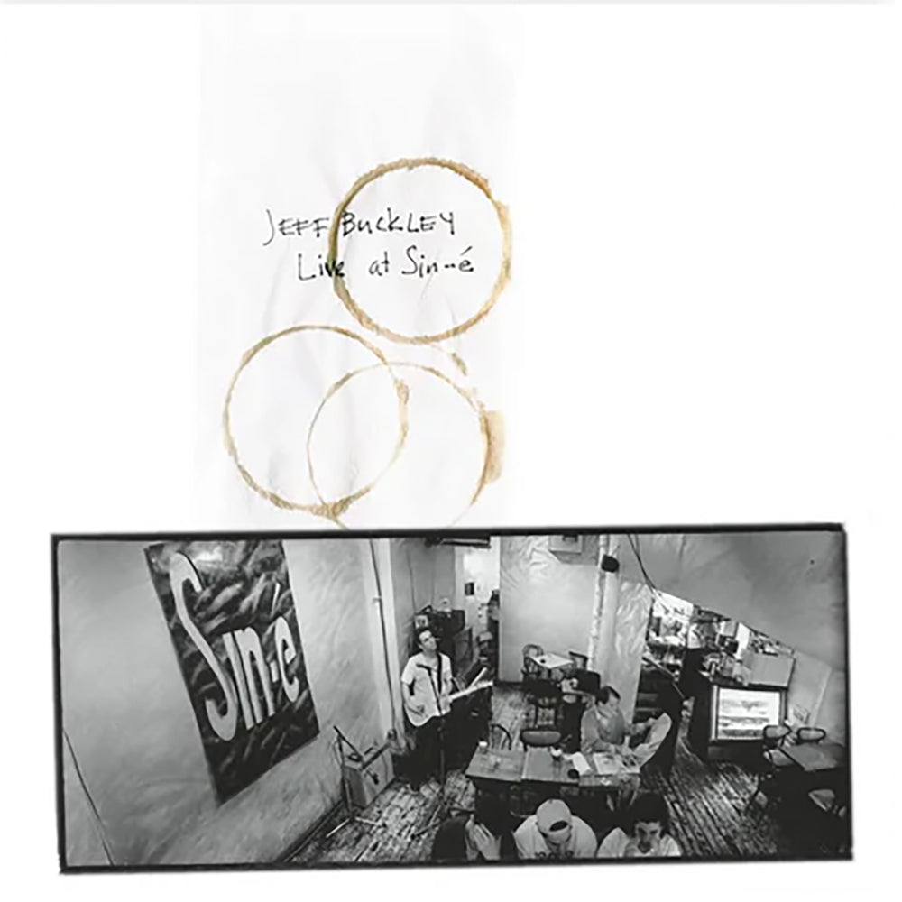 Vinyl LP album cover with 'Jeff Buckley Live at Sin-e' text and a black and white photo of a live performance in the Sin-e cafe
