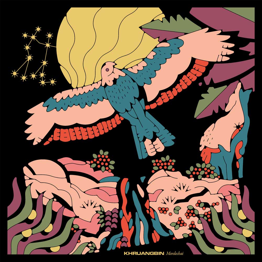 Khruangbin - Mordechai (Vinyl LP) record album cover showing a colourful abstract design with a bird and floral elements on a black background, featuring the artist's name 'Khruangbin' at the bottom.