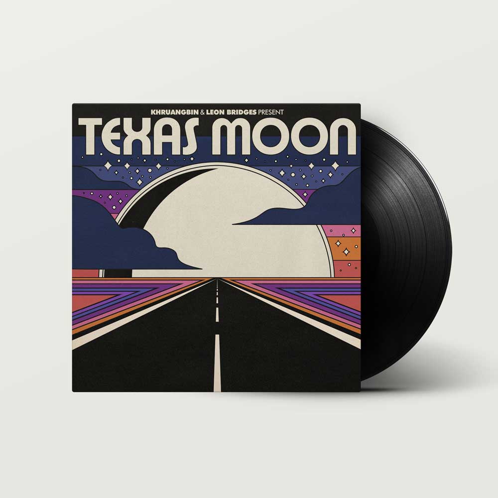 Khruangbin & Leon Bridges - Texas Moon (Vinyl 12" EP) A vinyl record partially pulled from its sleeve, showing the album cover art for 'Texas Moon' with a stylized retro road and moon design.