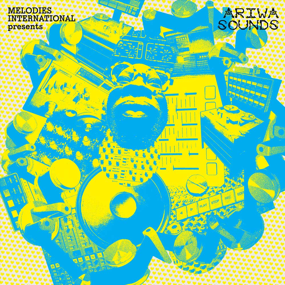 Mad Professor - Melodies International Presents Ariwa Sounds (Vinyl 2LP) A record cover artwork cover featuring a collage of blue and yellow illustrated objects and shapes, and text reading 'MELODIES INTERNATIONAL presents' and 'ARIWA SOUNDS'.