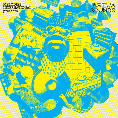 Mad Professor - Melodies International Presents Ariwa Sounds (Vinyl 2LP) A record cover artwork cover featuring a collage of blue and yellow illustrated objects and shapes, and text reading 'MELODIES INTERNATIONAL presents' and 'ARIWA SOUNDS'.
