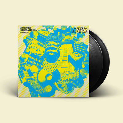 Mad Professor - Melodies International Presents Ariwa Sounds (Vinyl 2LP) Record cover 2 vinyls sliding out of cover with cyan blue and yellow illustration on record cover artwork.