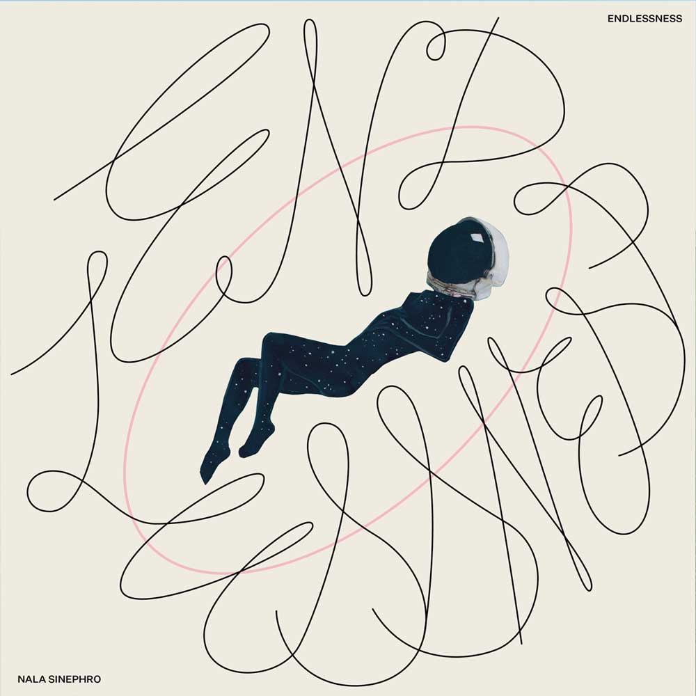 Nala Sinephro - Endlessness (Vinyl 2LP) Album cover art for 'Endlessness' by Nala Sinephro, featuring a floating astronaut figure in a starry navy blue spacesuit on a warm beige background, surrounded by abstract black line art and a thin pink oval.