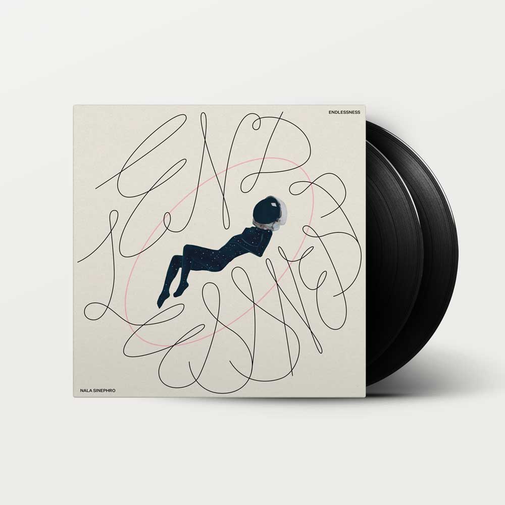 Nala Sinephro - Endlessness (Vinyl 2LP) Vinyl record album cover with part of the black vinyl disc visible behind the sleeve on a light grey background. The sleeve features an abstract line drawing with a dark blue seated figure and small text reading 'ENDLESSNESS' and 'Nala Sinephro.