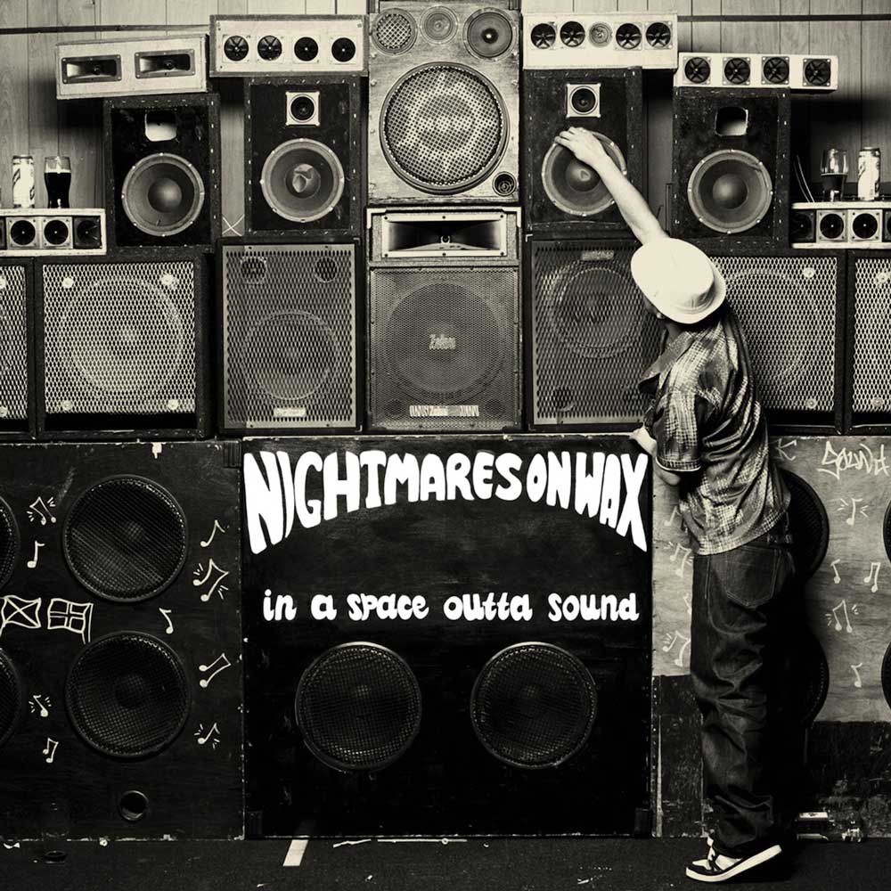 Nightmares On Wax - In A Space Outta Sound (Vinyl 2LP) record album covre showing a person dancing in front of a wall of speakers with 'Nightmares on Wax' branding.