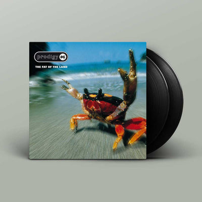 The Prodigy - The Fat Of The Land (Vinyl 2LP). A vinyl record album shown at a slight angle, with the black record partially visible behind the square cover art. The cover features a beach scene with a large crab in the foreground and the text 'Prodigy' and 'THE FAT OF THE LAND'.