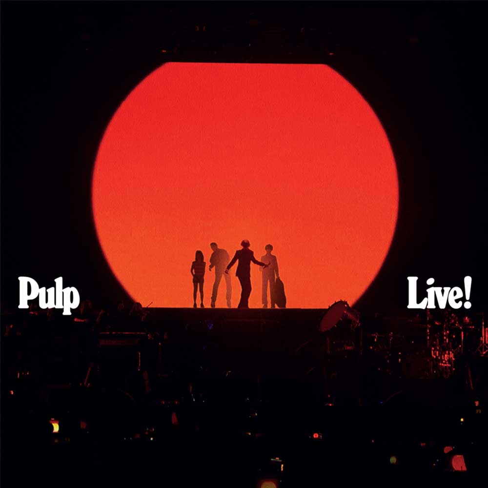 Pulp 'Live!' album cover featuring the band members silhouetted against a giant red sun on a dark stage.