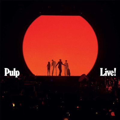 Pulp 'Live!' album cover featuring the band members silhouetted against a giant red sun on a dark stage.