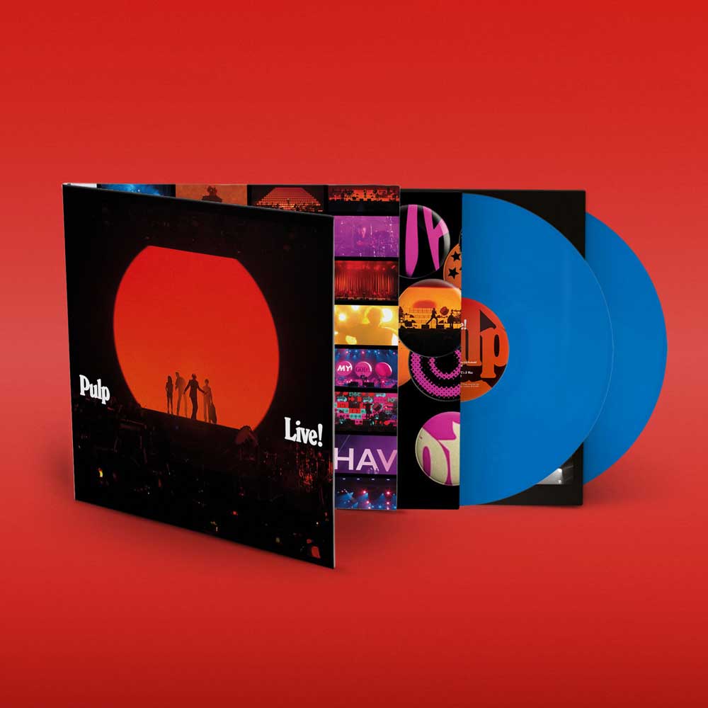 Pulp - Live (Vinyl 2LP Limited Edition Blue) Vinyl record with a black cover featuring a red circle and silhouettes on a red background showing the Pulp band Live on stage.