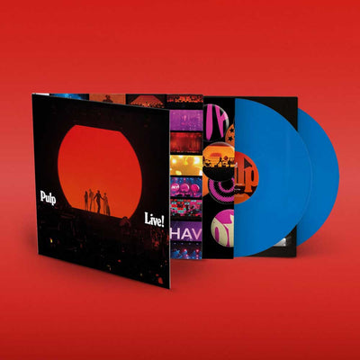 Pulp - Live (Vinyl 2LP Limited Edition Blue) Vinyl record with a black cover featuring a red circle and silhouettes on a red background showing the Pulp band Live on stage.