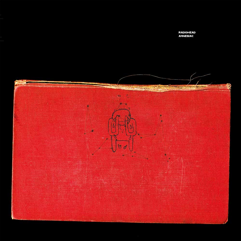 Radiohead - Amnesiac (Vinyl 2LP) gatefold record cover featuring a central design on a red-and-black background and the title 'Amnesiac' by Radiohead.