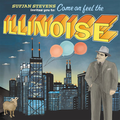 Sufjan Stevens - Illinoise (Vinyl 2LP) Record album cover with illustration of cityscape, balloons, and a person standing in front of a building.