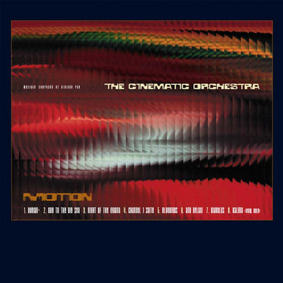 The Cinematic Orchestra - Motion (Vinyl 2LP) The album cover for 'Motion' by The Cinematic Orchestra, featuring an abstract red, black, and green wavy pattern on a dark navy background.