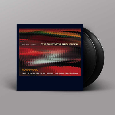 The Cinematic Orchestra - Motion (Vinyl 2LP) Vinyl record album cover for 'Motion' by The Cinematic Orchestra, featuring a dark navy blue sleeve with an abstract red, orange, and green wavy graphic, with a black vinyl record partially visible behind it on a gray background.