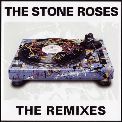 The Stone Roses - The Remixes (Vinyl 2lp) Album cover for 'The Stone Roses - The Remixes' featuring a colorful paint-splattered turntable with a vinyl record on a light gray background.