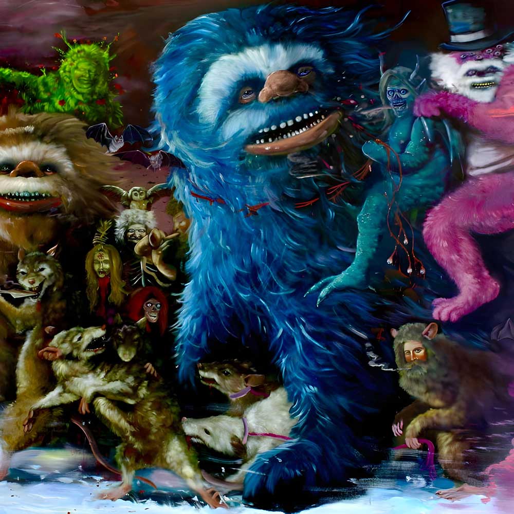 Tropical Fuck Storm - Fairyland Codex (Vinyl LP Limited Glacial Blue + Poster) Album record cover showing a colourful collage of various fantastical creatures and characters.