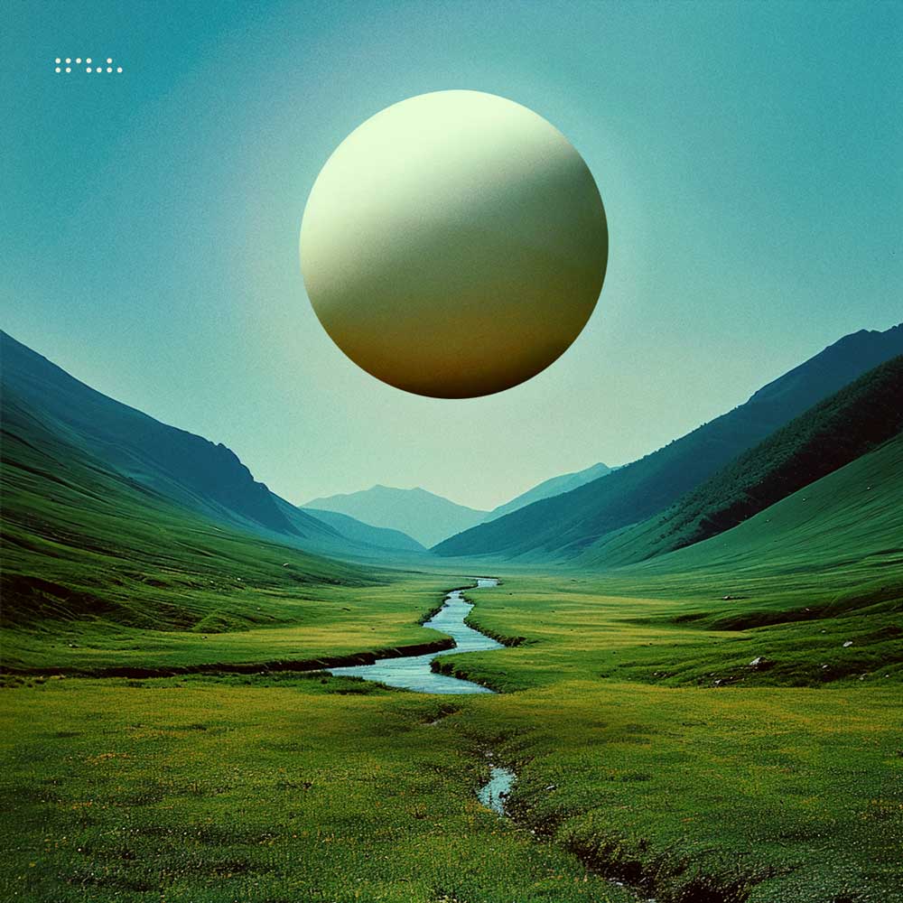 Tycho - Infinite Health (Vinyl LP) A surreal landscape artwork showing a green valley with a winding river, flanked by dark mountains under a pale blue sky, with a large glowing spherical object floating above the scene.
