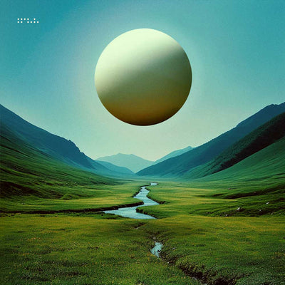 Tycho - Infinite Health (Vinyl LP) A surreal landscape artwork showing a green valley with a winding river, flanked by dark mountains under a pale blue sky, with a large glowing spherical object floating above the scene.
