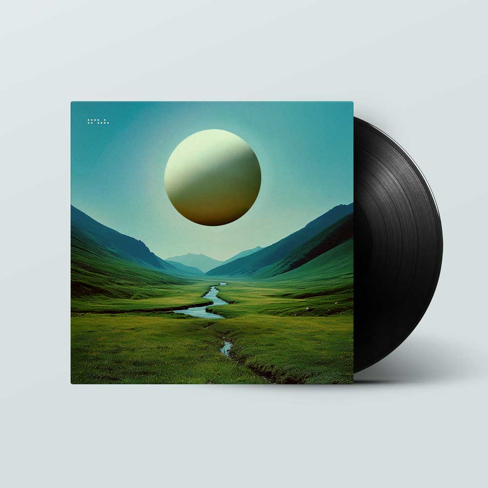 Tycho - Infinite Health (Vinyl LP) A vinyl record partially pulled from its sleeve, showing a surreal landscape cover with green hills, a winding river, and a large pale sun or moon in a teal sky. The record itself is black.