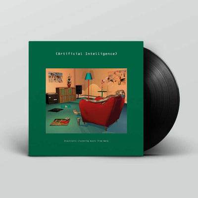 Various Artists - Artificial Intelligence (Vinyl LP): A vinyl record partially pulled from its green sleeve, shown on a light grey studio background. The sleeve features the text 'Artificial Intelligence' and a central illustrated scene with a red armchair, teal floor, and room details.