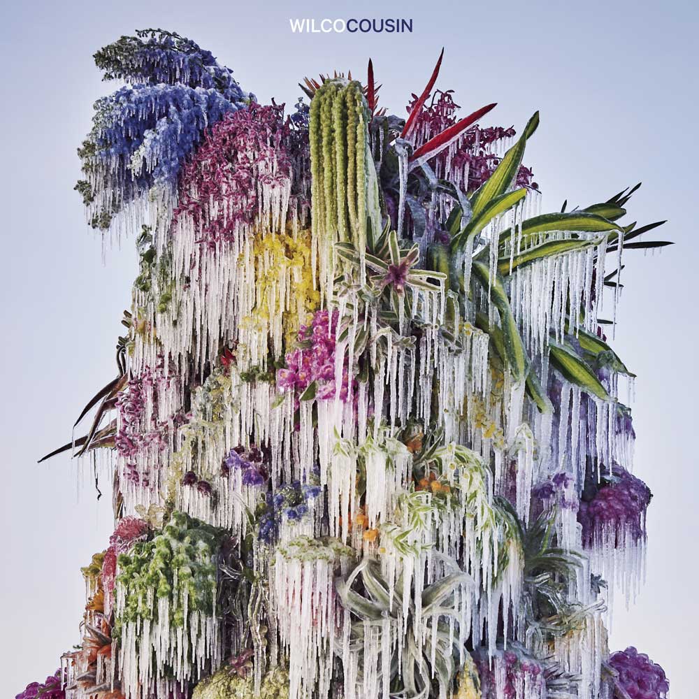 Wilco - Cousin (Vinyl LP) Record album cover for Wilco's 'Cousin' featuring a surreal, highly detailed vertical arrangement of hanging plants, cacti, and colourful foliage against a pale blue background.